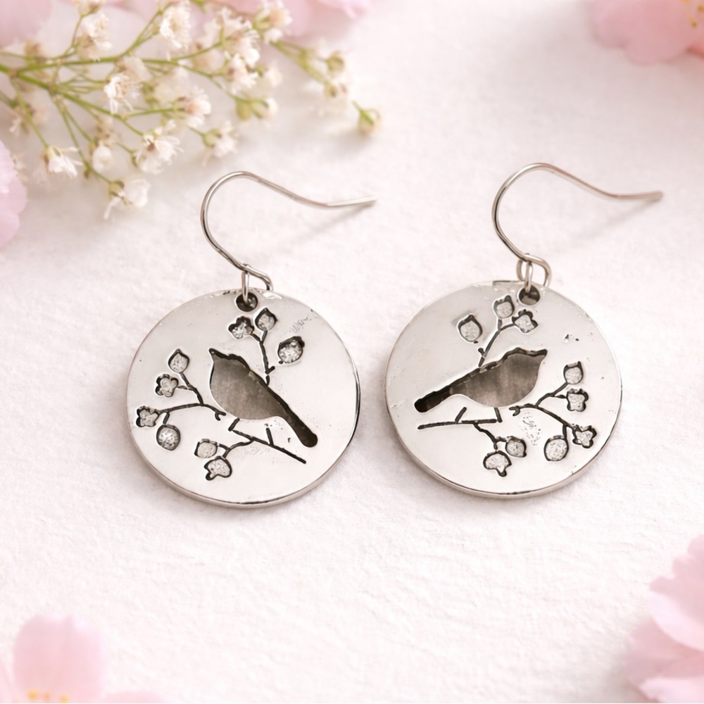 Silver Bird on Branch  Earrings